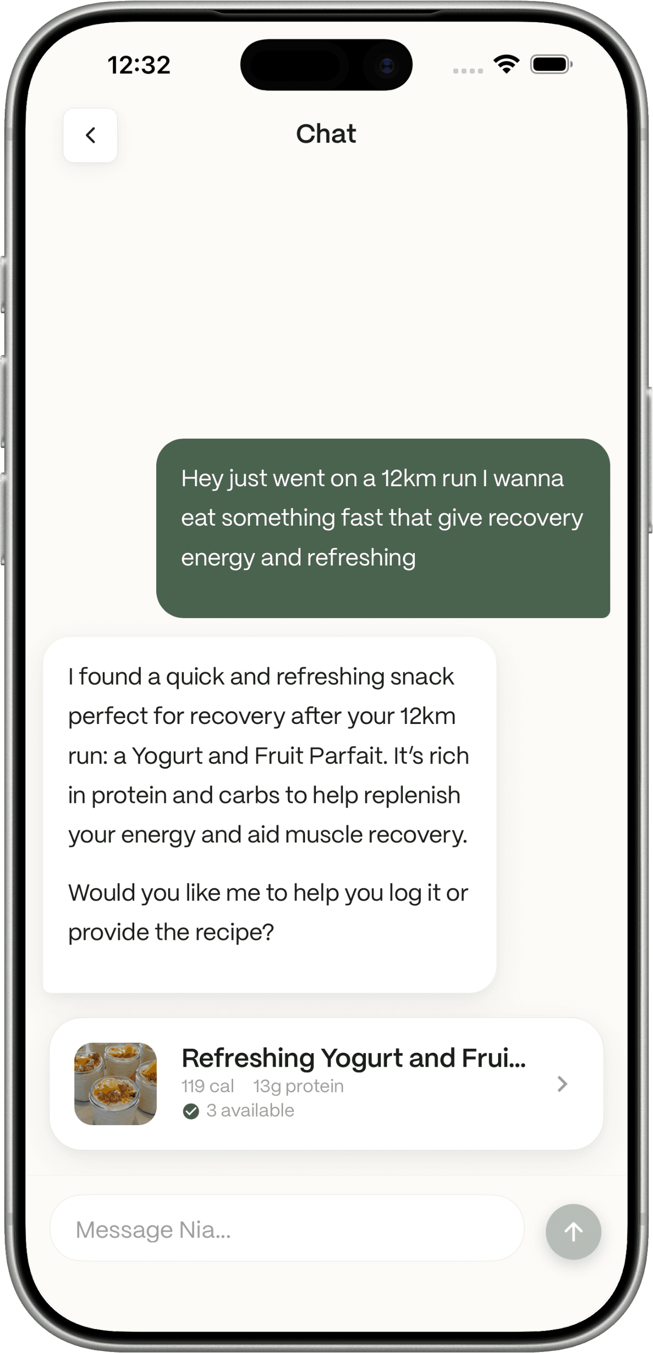 Nia chat suggesting a meal from ingredients you have