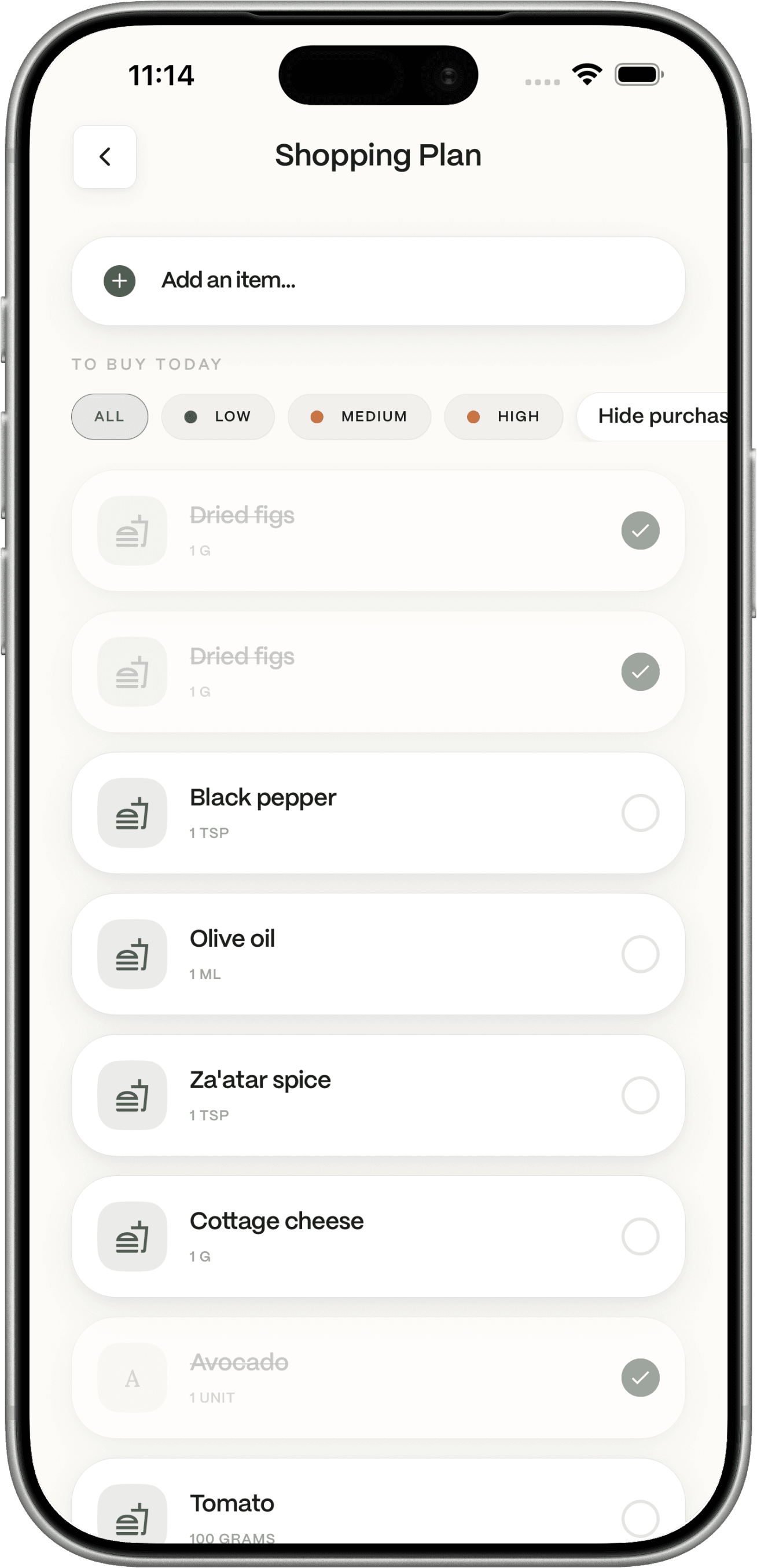 Shopping list for missing items rather than a clean-slate shop.