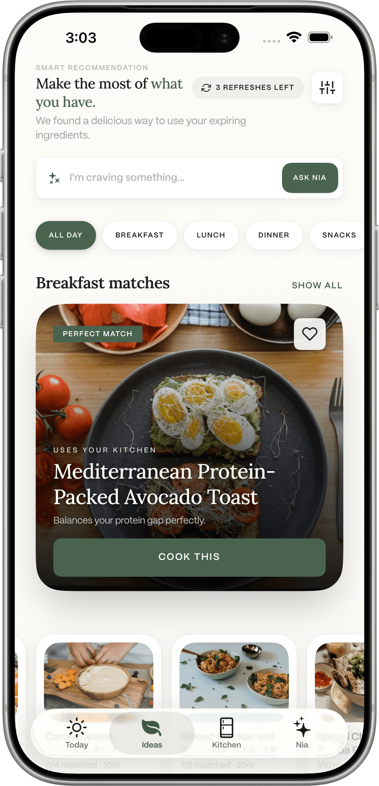 Dietrack Ideas: a meal chosen from the kitchen, with a Cook this button.