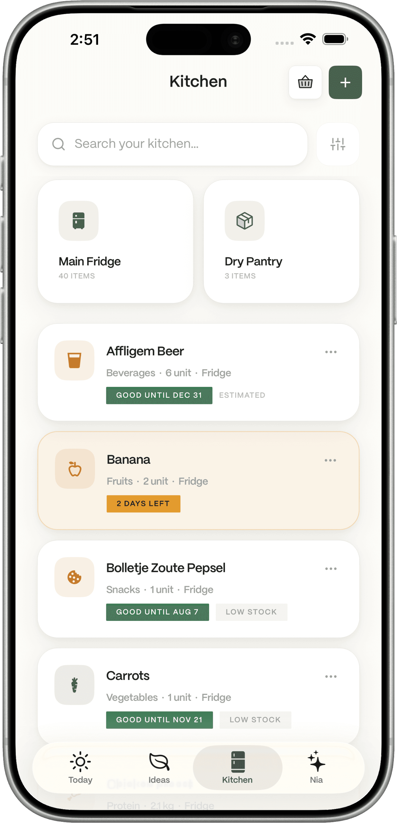 Kitchen items that can be offered for the shopping list when stock looks low.