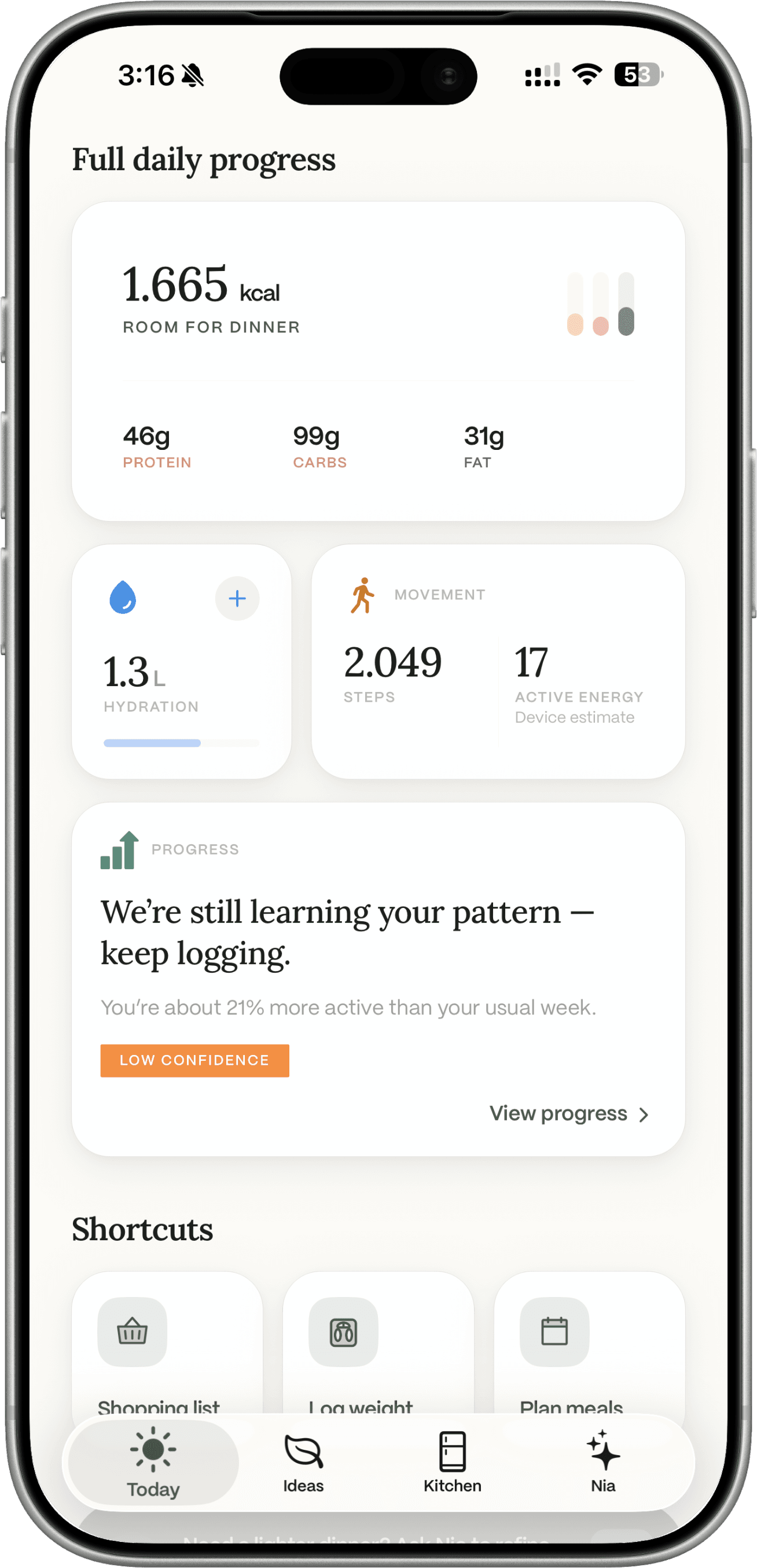 Dietrack full daily progress after logging: remaining calories, protein, carbs, and fat.