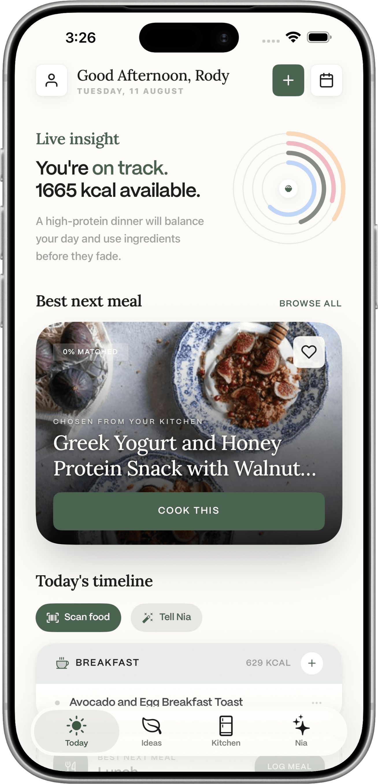 Dietrack Today: log a meal from the timeline, with calories left.