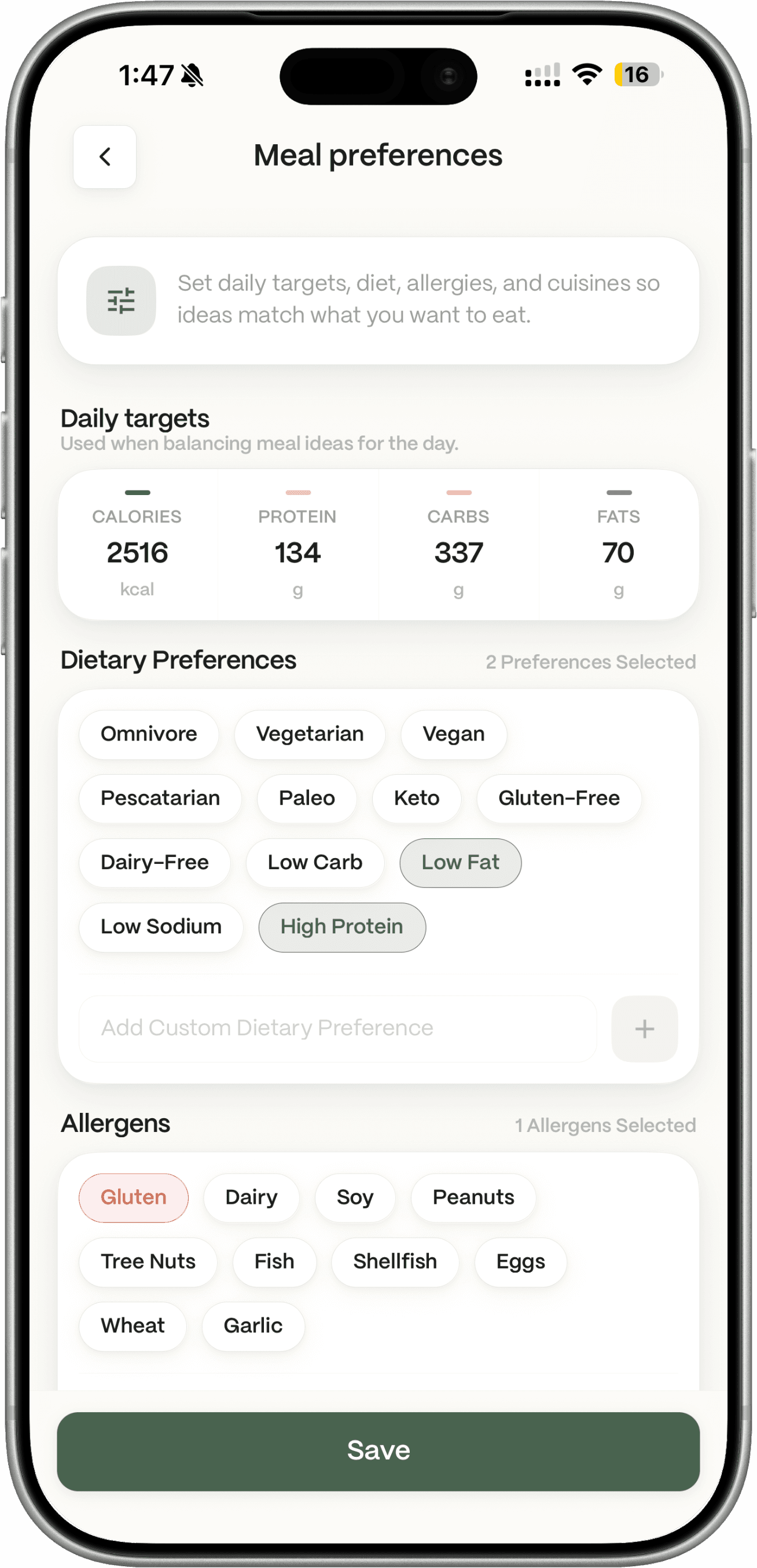 Dietrack meal preferences: daily calorie and macro targets, diet, and allergens.