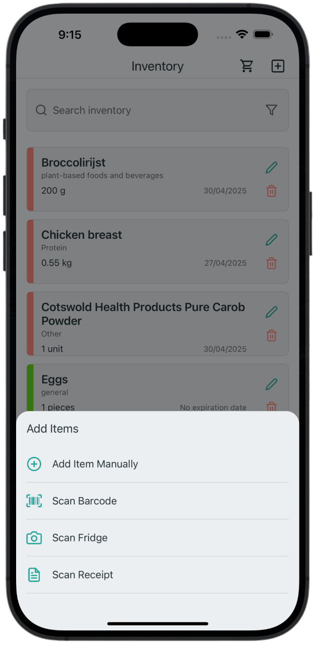 Add Inventory - Dietrack feature showing quickly add food items to your inventory using multiple methods
