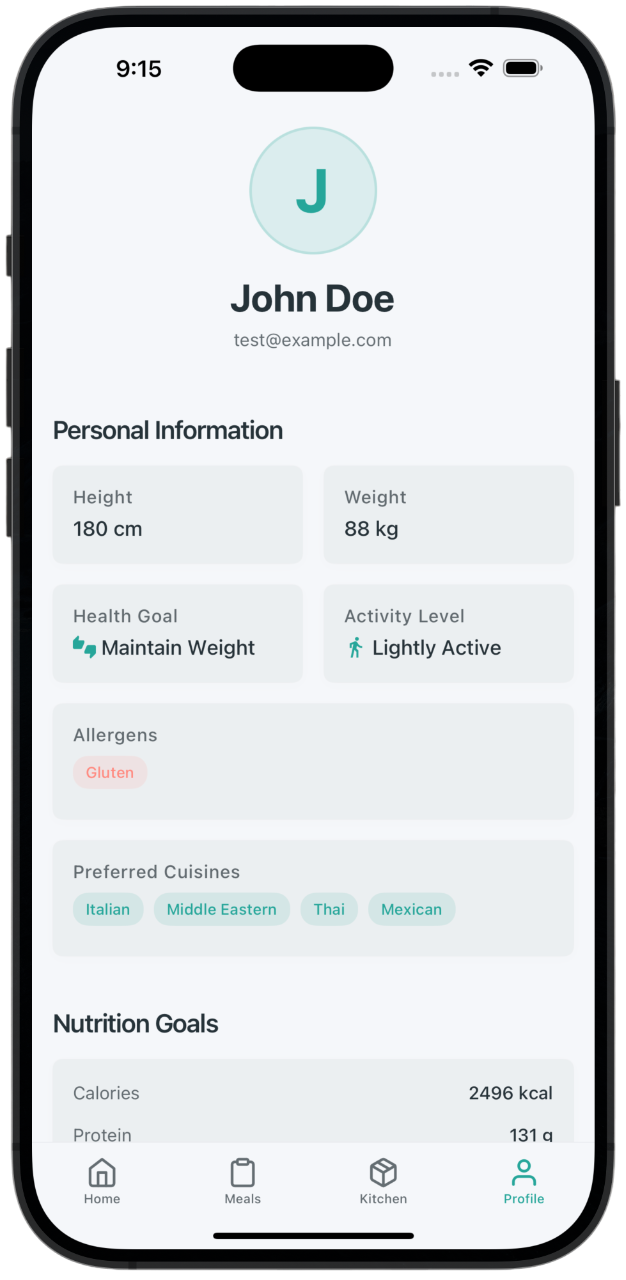 Setup Profile - Dietrack feature showing set up your profile with personal information, health goals, and dietary preferences